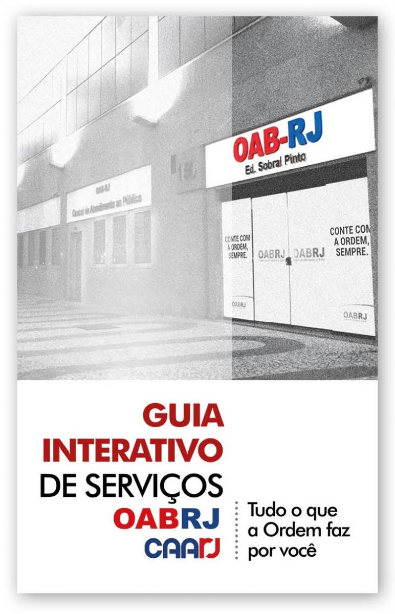 Capa do Guia Interativo de Serviços OABRJ-Caarj, que apresenta a estrutura da Ordem para os novos advogados